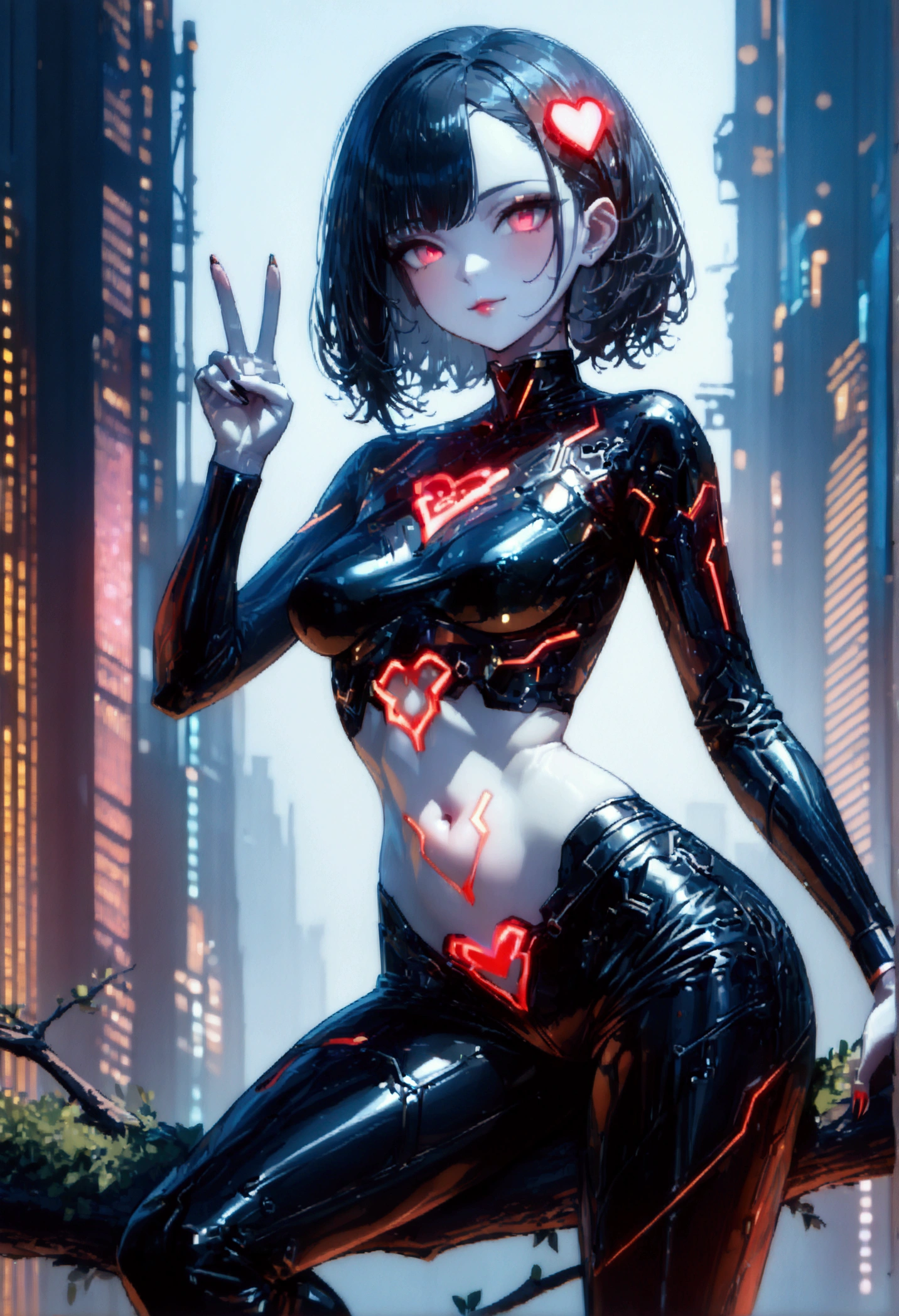 Beautiful cybernetic girl , A tuft of hair in the shape of a heart,  Hair accessories , (soft skin),  pale skin,  black PCB crop top, Navel tattoo,  Sexy futuristic pants , on the branch, v,  Japanese words with glitter effect ,  cyberpunk background ,sensual, is attractive, (masterpiece:1.3), ( Best quality:1.3), ( ultra detailed :1.3), 8 k,  extremely clear 