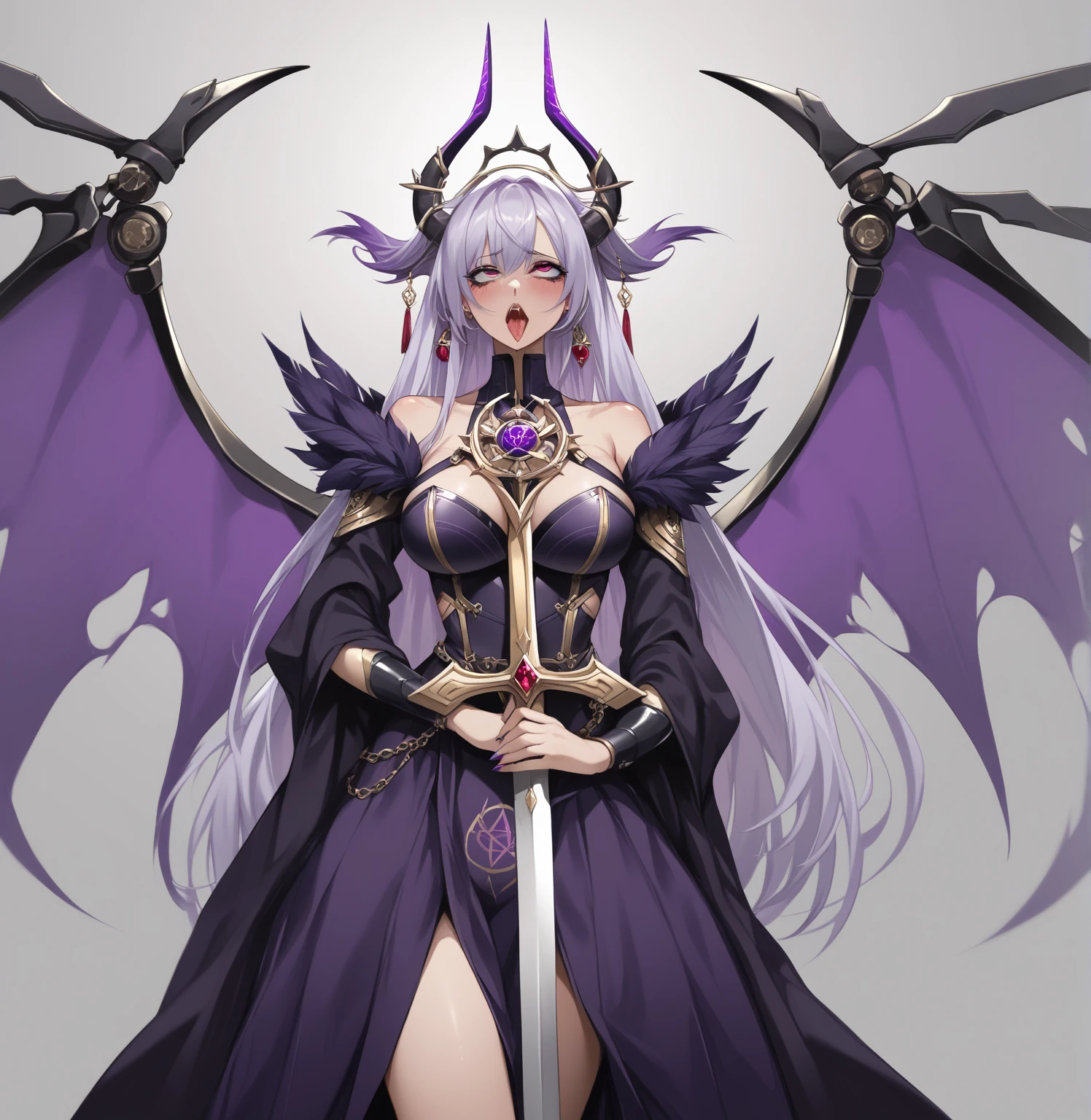  Anime girl with purple hair and purple wings holding a sword, white-haired deity,  Masterpiece Goddess of Sadness , anime goddess , White Horned Demon Queen, Dark goddess with six arms, ahegao,  girls knights of the zodiac , Holy Girl Necromancer Cyborg ,  cushart krenz female key art,   purple ancient antler deity  , goddess of death,  evil goddess 