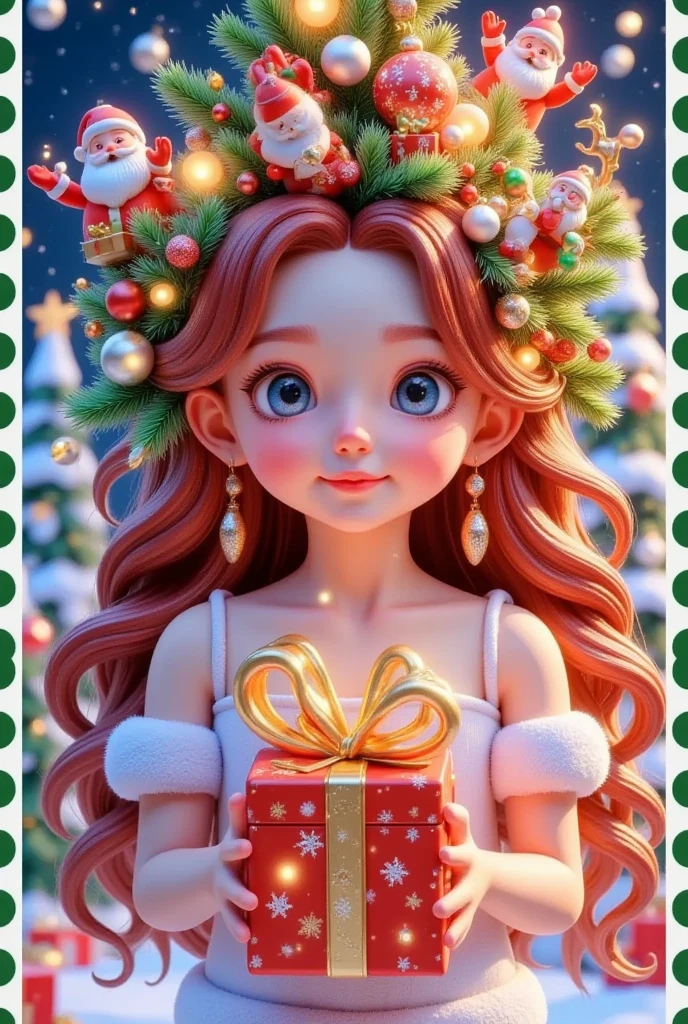 A girl is holding a gift m in front of a Christmas letter, The hair is decorated with gifts and Christmas trees， Glowing stars，Shining stars，lamp，snowflake