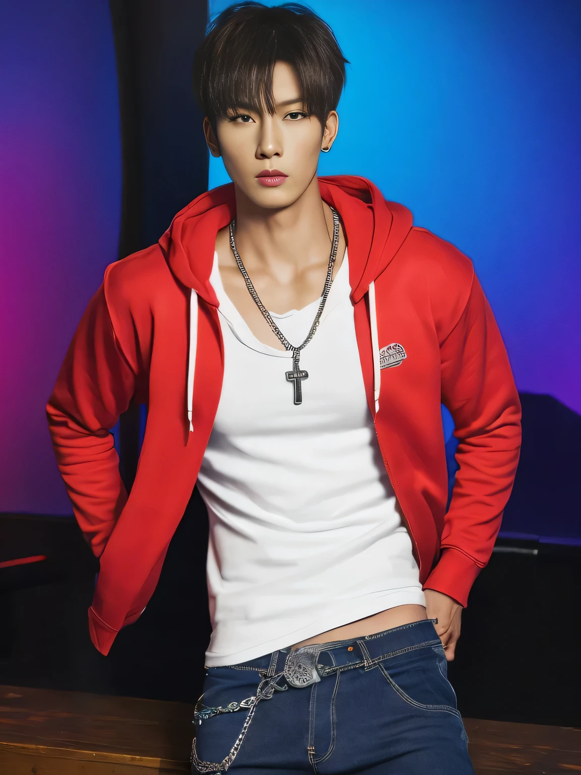 (Detailed face:1.3), 8k, photorealistic, best quality, (insanely detailed:1.3), Korean Pop Idol, very handsome Korean man, tattoos, very muscular, prominent veins, abs, very tall, (very tanned skin:1.3), (huge bulge crotch:1.3), bangs, red hair, short hair, colorful hoodie, tight ripped black cargo pants, silver chain necklace, standing with arms crossed, looking at viewer, cowboy shot, neon lights background, urban night scene,Place hand on crotch