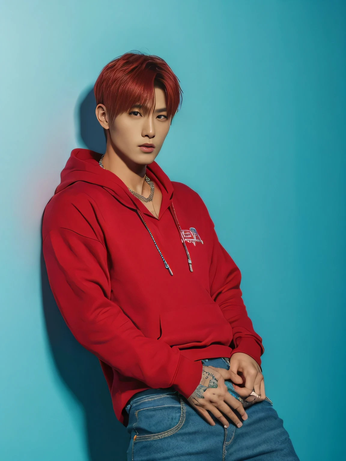 (Detailed face:1.3), 8k, photorealistic, best quality, (insanely detailed:1.3), Korean Pop Idol, very handsome Korean man, tattoos, very muscular, prominent veins, abs, very tall, (very tanned skin:1.3), (huge bulge crotch:1.3), bangs, red hair, short hair, colorful hoodie, tight ripped black cargo pants, silver chain necklace, standing with arms crossed, looking at viewer, cowboy shot, neon lights background, urban night scene,Place hand on crotch
