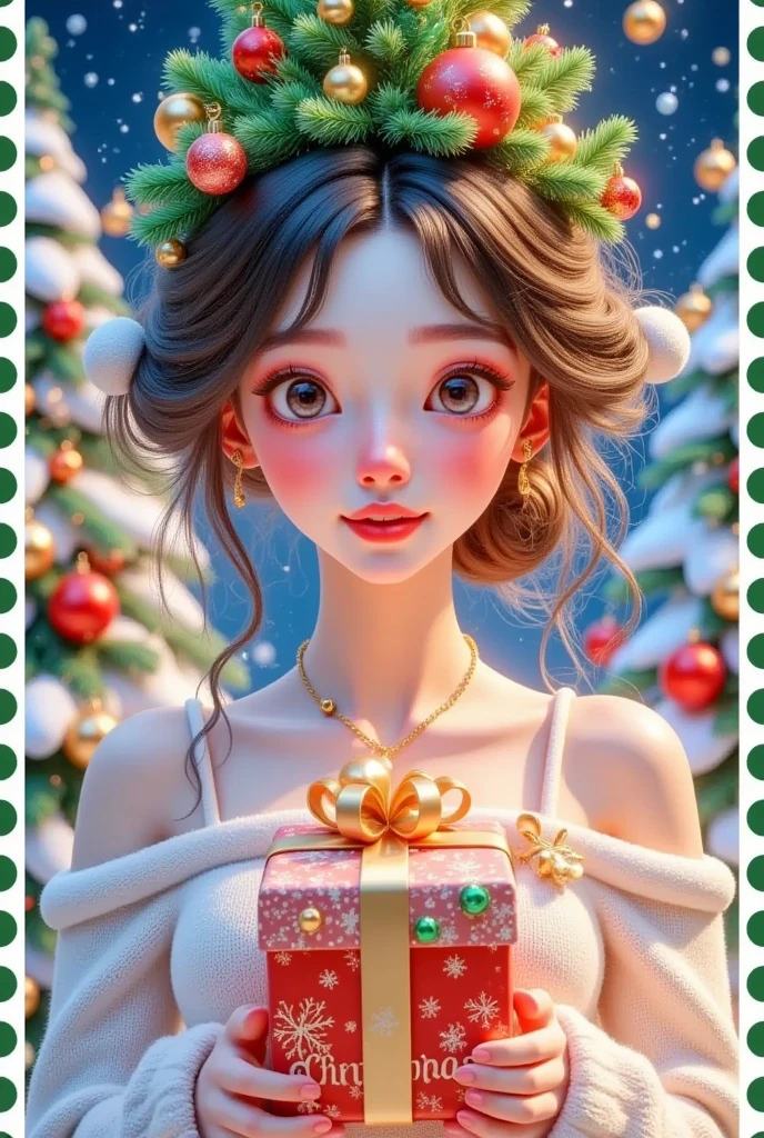  A beautiful girl is holding a present in front of a Christmas letter ，The box says Christmas , The hair is decorated with gifts and Christmas trees，  beautiful face， skin details ，Official illustrations