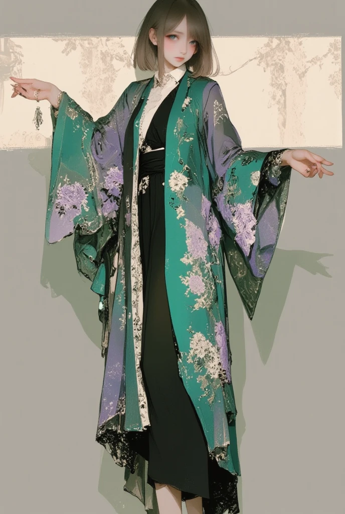 A asian woman in a green and purple loose kimono, solo, short sleeves, standing, full body, japanese clothes, wide sleeves, black sash,  floral print, tabi, haori made of a detailed victorian lace , 