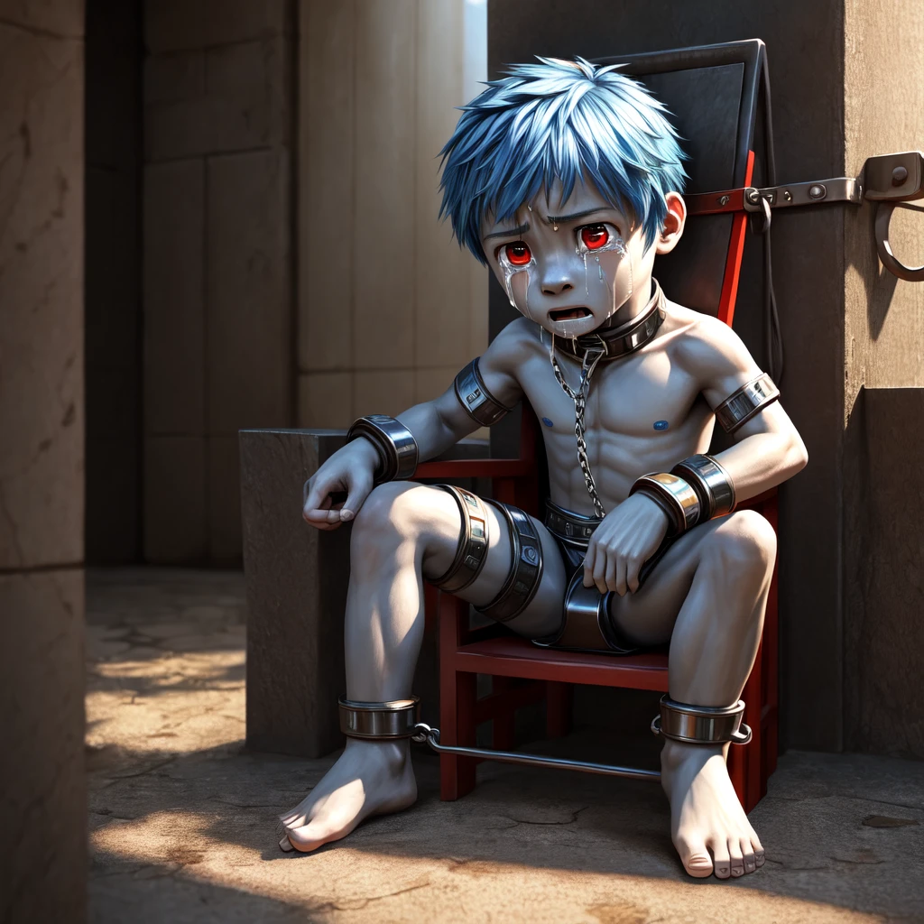 ( detailed crying , detailed face,  detailed background ,  detailed body ), (realistic,photorealistic,photo-realistic:1.37)
 little cute boy , very young, cute, , blue skin, Blue hair, Red Eyes, ( iron cuffs on the wrists), ( iron shackles on the legs ), ( electric shock collar), he is wearing a slave outfit,  shy face , Does a lot of , cries loudly ,  tears streaming , very thin,  malnourished,  sitting on a chair ,