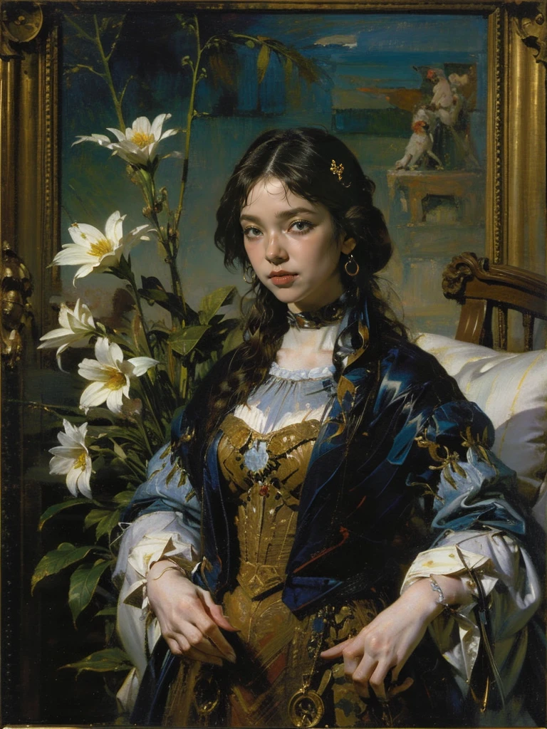 tmasterpiece,An oil painting,Renaissance style,Draw a portrait of a beautiful woman,Flowers in the background，A half body，acrycle painting,Nice photo frame,Correct human anatomy，Complete and correct 5 fingers