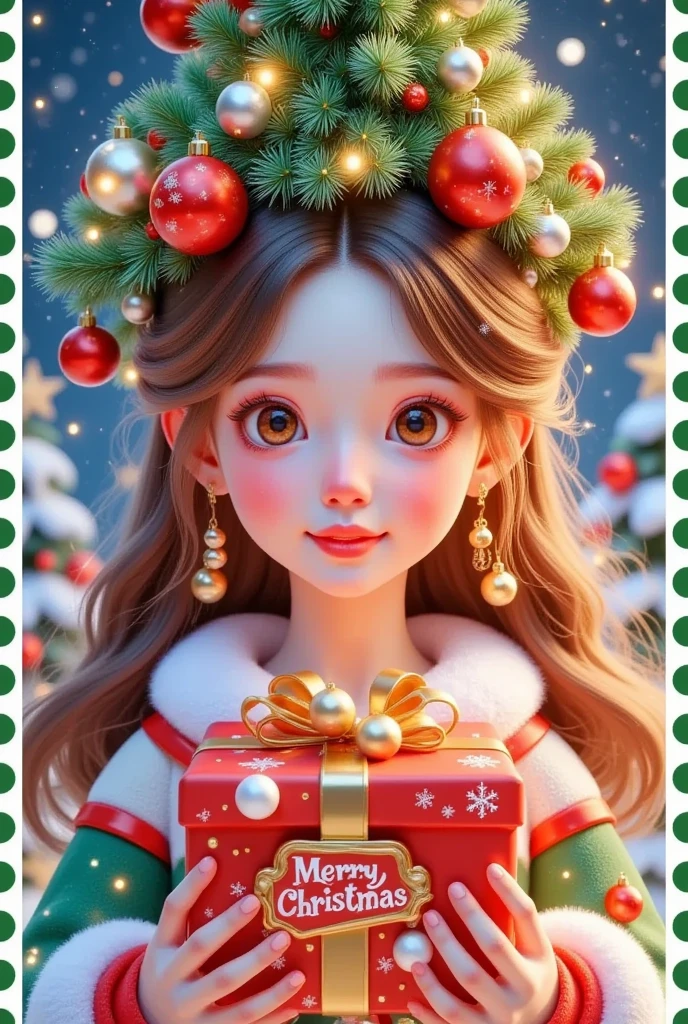  A beautiful girl is holding a present in front of a Christmas letter ，The box says Christmas , The hair is decorated with gifts and Christmas trees，  beautiful face， skin details ，realistic，Real People