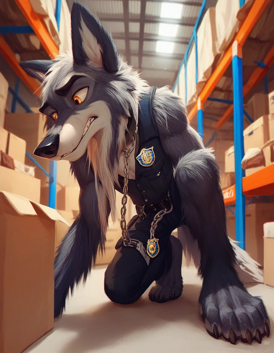 score_9, score_8_up, score_7_up, score_6_up, very long haired, anthro furry, wolf, wearing a black police vest, sniffling boxes, cargo storage room, chain collar, badge, crouching, long snout 