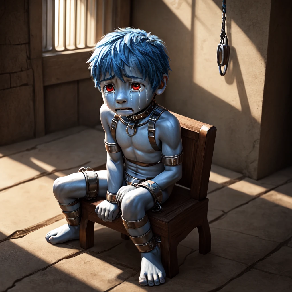 ( detailed crying , detailed face,  detailed background ,  detailed body ), (realistic,photorealistic,photo-realistic:1.37)
 little cute boy , very young, cute, , blue skin, Blue hair, Red Eyes, ( iron cuffs on the wrists), ( iron shackles on the legs ), ( electric shock collar), he is wearing a slave outfit,  shy face , Does a lot of , cries loudly ,  tears streaming , very thin,  malnourished,  sitting on a chair ,