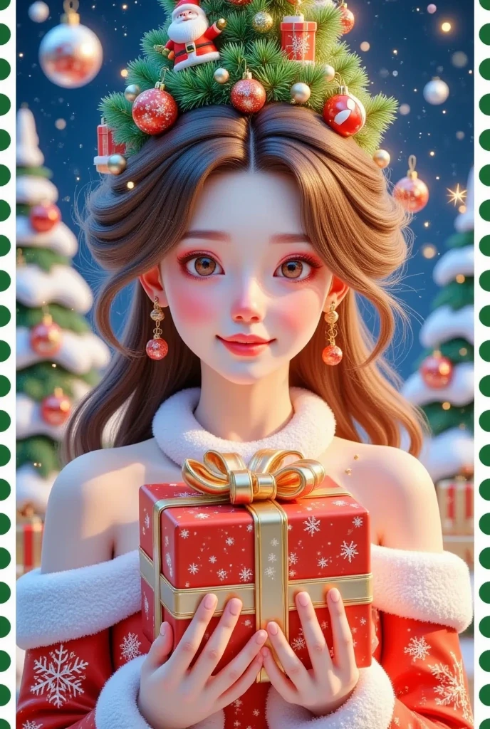 A beautiful girl is holding a beautiful gift before a Christmas letter ，The box says Christmas 。 The hair is decorated with gifts and Christmas trees。  beautiful face， skin details ，Official illustrations