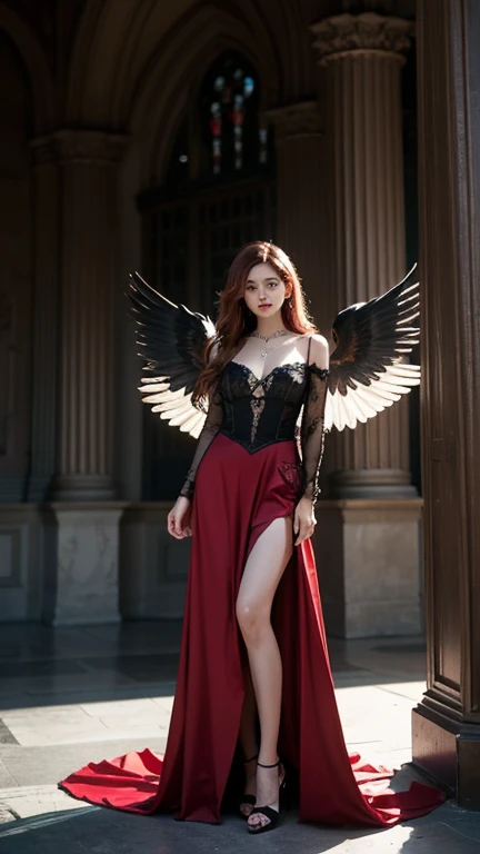 ((Top Quality, 8k, Masterpiece: 1.3)), arafed, dnd art, full body, aasimar (Masterpiece 1.3, intense details), cleric (Masterpiece 1.5, best quality), standing, casting a spell (Masterpiece 1.4, intense details), large white angelic wings spread (Masterpiece 1.3, intense details), in a temple (Masterpiece 1.3, intense details), standing at dawn, sunlight, wearing red dress (Masterpiece 1.3, intense details), black high heeled boots, detailed accurate face, (Masterpiece 1.5, best quality), long hair, blue eyes, black hair, long hair, ponytail, bead necklace, celestial choker, symbol-shaped pupils, anatomically correct (Masterpiece 1.3, intense details), makeup, evil smile, serious, ultra-wide shot, silver hair, very long hair, wavy hair, jewelry, aqua eyes, makeup, evil smile, god rays, cinematic lighting, glowing light, silhouette, from outside, photorealism, Wide-Angle, Ultra-Wide Angle, 8k, highres, best quality, high details
