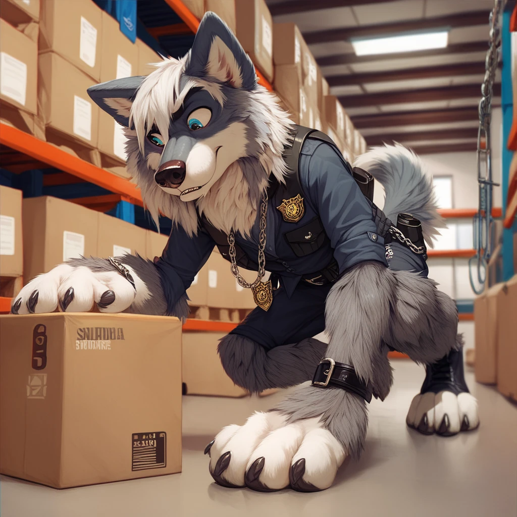 score_9, score_8_up, score_7_up, score_6_up, very long haired, anthro furry, wolf, wearing a black police vest, sniffling boxes, cargo storage room, chain collar, badge, crouching, long snout 