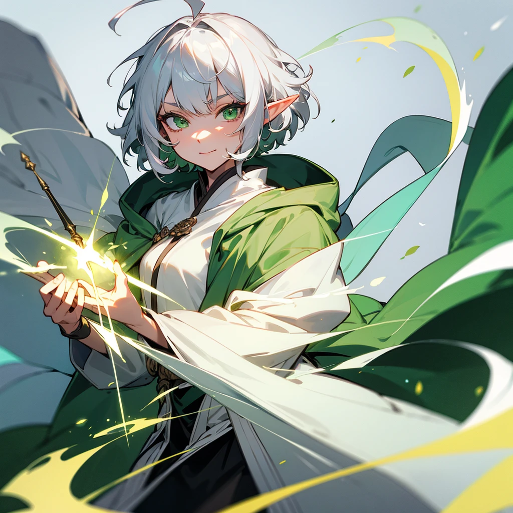 elf, female, silver hair,short hair, medium cut, ahoge, curly hair, green eyes,slender, green cloak, White wizard robe, fair skin, cool mild Smile, annoyance, with left hands wand