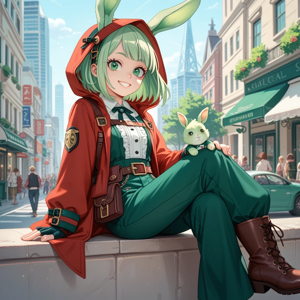 (long Green rabbit ears), green animal ears, (1 girl), green hair, green eyes, bob cut, thin eyebrows, smiling, young, alone, Lolita, hood, , short, overall, coat, long boots, red hood, wide pants, harness, fingerless globe, belt, waist pouch, in the city, , babystel academia, cel anime, Solo