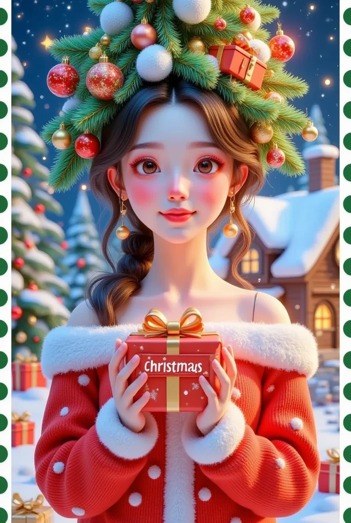 A beautiful girl is holding a beautiful gift before a Christmas letter ，The box says Christmas 。 The hair is decorated with gifts and a Christmas tree and a cottage and a gingerbread man。  beautiful face， skin details ，Official illustrations