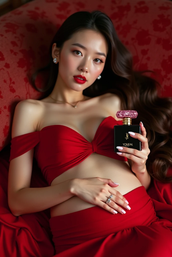 young Hannah Quinlivan in lingerie skirt with opaque black tights, fetal position on a luxurious bed, spilled champagne bottles on bed, legs completely covered by solid opaque tights, (full-body shot),