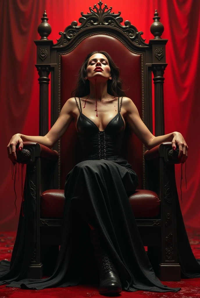 ink illustration, a woman in a red dress sitting leisurely on the throne in hell, in splashes, rough ink sketch, moody, gloomy, dark picture, stylized, linquivera, liiv1