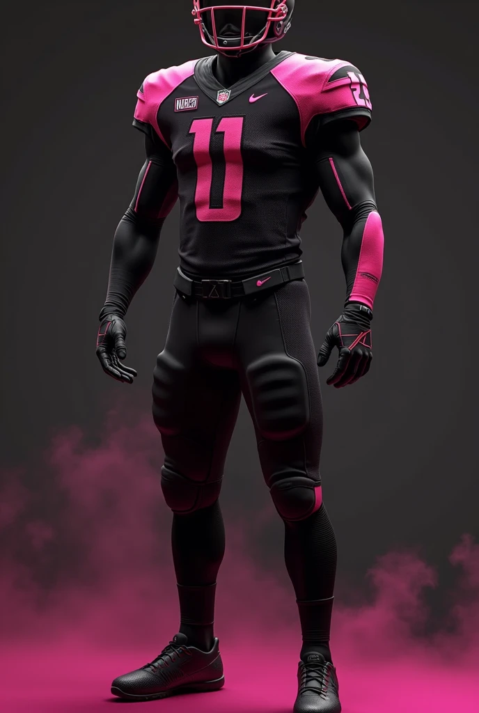 Make me a complete football uniform, with design and print that the colors are black with pink details, Nike or Adidas brand
