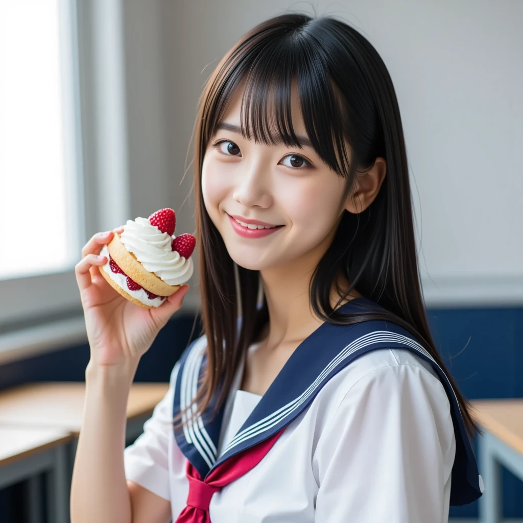 (nsfw:1.5), (masterpiece,  best quality:1.2),  Japanese girl 18 years old, sexy, ( wearing sailor school uniforms),   cute face,   black hair short , smile, Slim figure, (I have a strawberry shortcake with plenty of fresh cream in my hand:1.2), ((The background is a girls' school classroom :1.2)), 