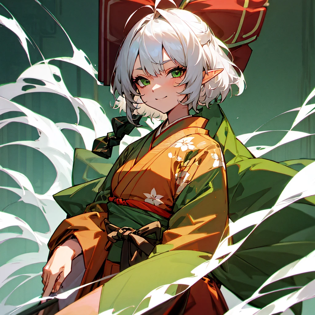 elf, female, silver hair,short hair, medium cut, ahoge, curly hair, green eyes,slender, fair skin, japanese female kimono,  hair Green bow, cool mild Smile, japanese Hotel, japanese doorman, annoyance