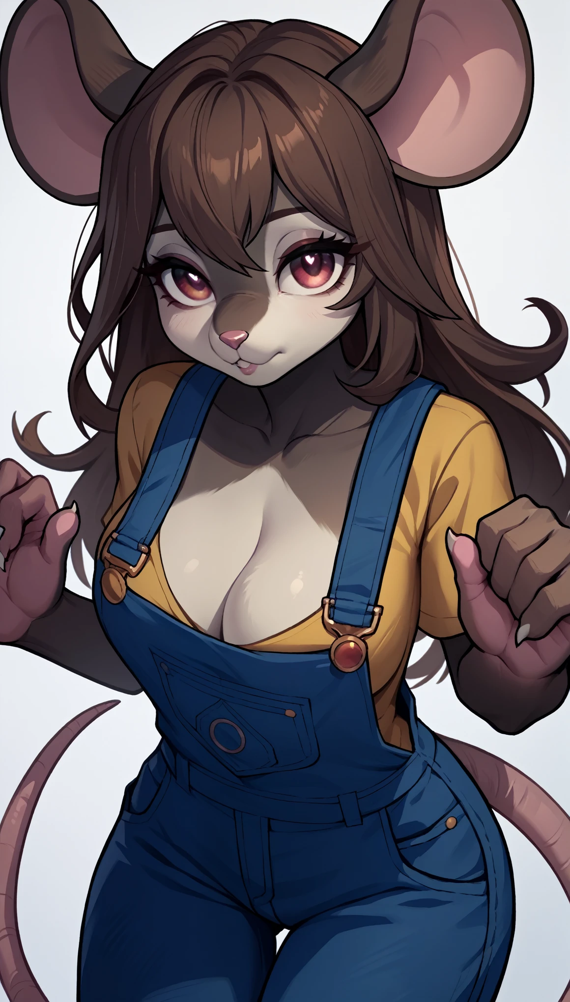 (zPDXL2), (PonyXLV6_Scores), source_anime, source_anthro, source_furry, rating_questionable, Expressiveh, three-quarter portrait, asymmetric image, BREAK
((lhata4564, cute wide round eyes, colored eyes, horny hungry eyes, brown long long hair, luxury overalls, medium breasts, cleavage, mouse tail, cute background)) 