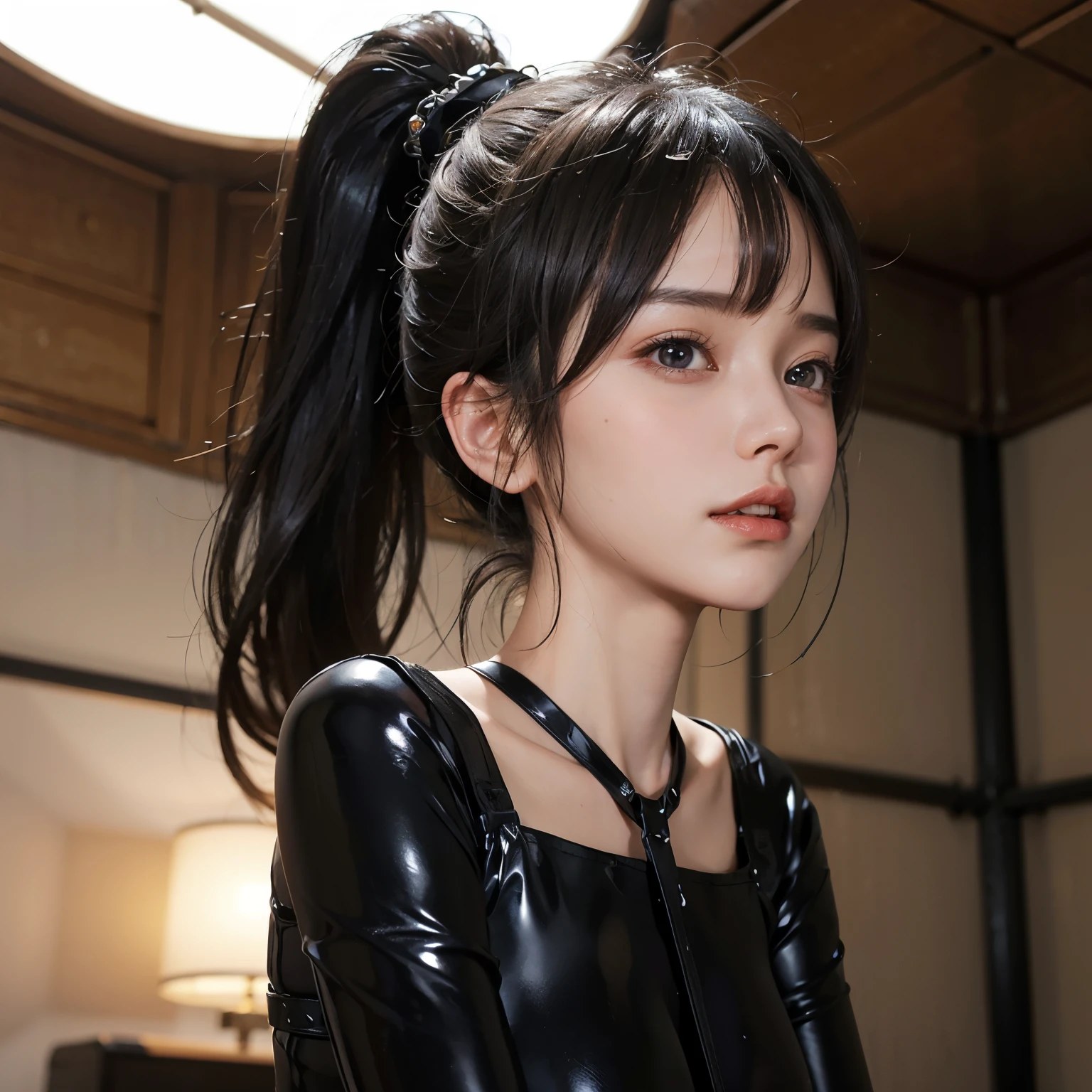 (RAW Photo: 1.2), (Photorealistic: 1.4), (Best Quality: 1.4), Ultra HD, (Detailed Eyes), (Detailed Facial Features), (Detailed Clothing Features), HDR, 8K resolution, solo focus, bangs, tight skin, (slender girl), dreamlike, (fine illustration), check commentary, commentary request, scenery, no text, virtual girl aim, medium breasts, straight hair, long hair, Black hair, black eyes, one girl, upper body, crystal pendant, latex rubber tight bodysuit, cute, sexy, (smiling),