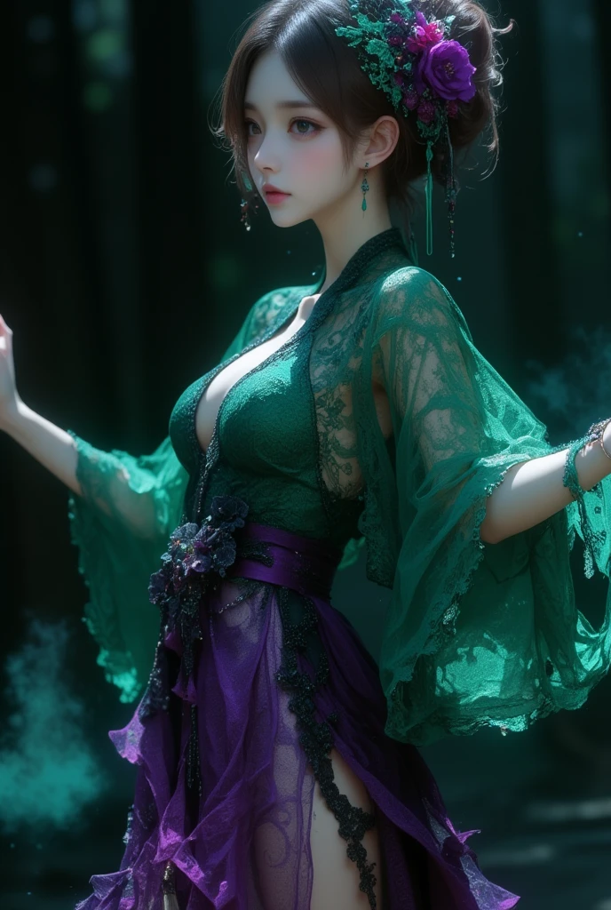 A fantastical scene of a woman wearing a luxurious kimono inspired by a blend of deep emerald green and purple, adorned with intricate floral and lace patterns. She stands gracefully with a pose that suggests movement, her sleeves flowing as if caught in a gentle breeze. Her expression is serene and mystical, with her hair elegantly styled and adorned with delicate ornaments. The background is a deep, mysterious darkness, creating a dramatic contrast that highlights her ethereal presence. Soft, dim lighting enhances the textures of her attire, adding a magical, otherworldly glow.