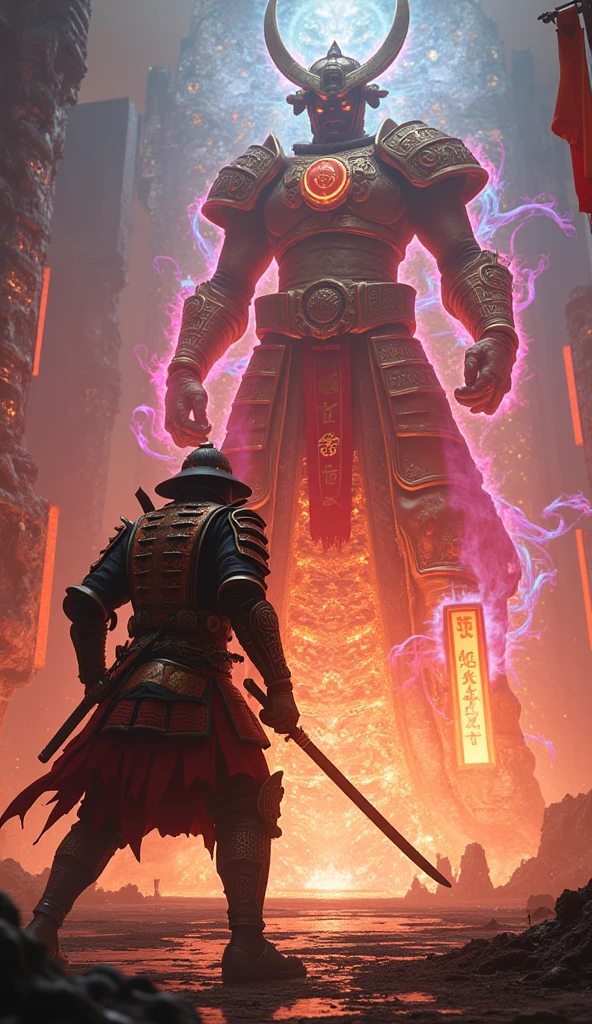 ((Masterpiece in maximum 16K resolution):1.6),((soft_color_photograpy:)1.5), ((Ultra-Detailed):1.4),((Movie-like still images and dynamic angles):1.3),((final showdown scene):1.1) | (Cinematic photo of a samurai facing a giant yokai monster at a temple), (cinematic lens), (samurai), (giant yokai), (shimmer), (tyndall effect), (visual experience), (Realism), (Realistic), award-winning graphics, dark shot, film grain, extremely detailed, Digital Art, rtx, Unreal Engine, scene concept anti glare effect, All captured with sharp focus.