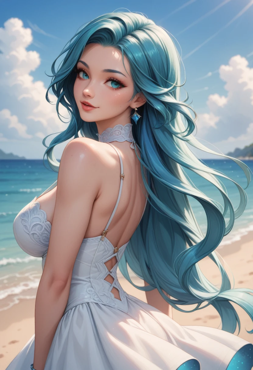 a woman with long blue hair in a bikini, cobalt blue eyes, smiling, beautiful detailed intricate, big booty, dark braided hair, archer, wlop : :, black haired lady, inspired by Gu Kaizhi, llama, cheeky devil, iceberg, sfw, photo realistic, 8k, vibrant color