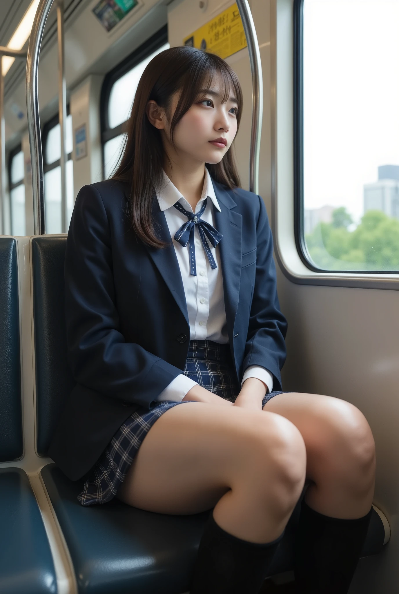 A hyper-realistic, photorealistic depiction of a Japanese high school girl sitting on a train seat. She is wearing a traditional school uniform, including a navy-blue blazer, white shirt, pleated skirt, and a neatly tied ribbon or bow. Her black hair is styled simply, and she looks out of the window with a thoughtful expression. Her thighs are prominently visible, appearing fair, smooth, and slightly emphasized with realistic lighting and texture. The train interior is modern and clean, with metal handrails, overhead advertisements, and soft natural lighting that creates a realistic and authentic atmosphere. The background shows faint glimpses of an urban cityscape through the window, with buildings and trees blurred by motion.