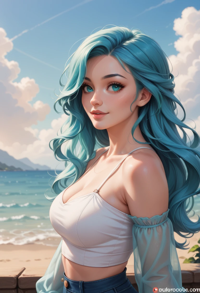  a close up of a woman with blue hair and a white top, a pastel inspired by Ross Tran, tumblr, digital art, teal hair, girl with blue hair, pretty girl with blue hair, turquoise hair, beautiful blue haired girl, with long turquoise hair, long cyan hair, sky blue straight hair, with blue hair, straight sky blue hair