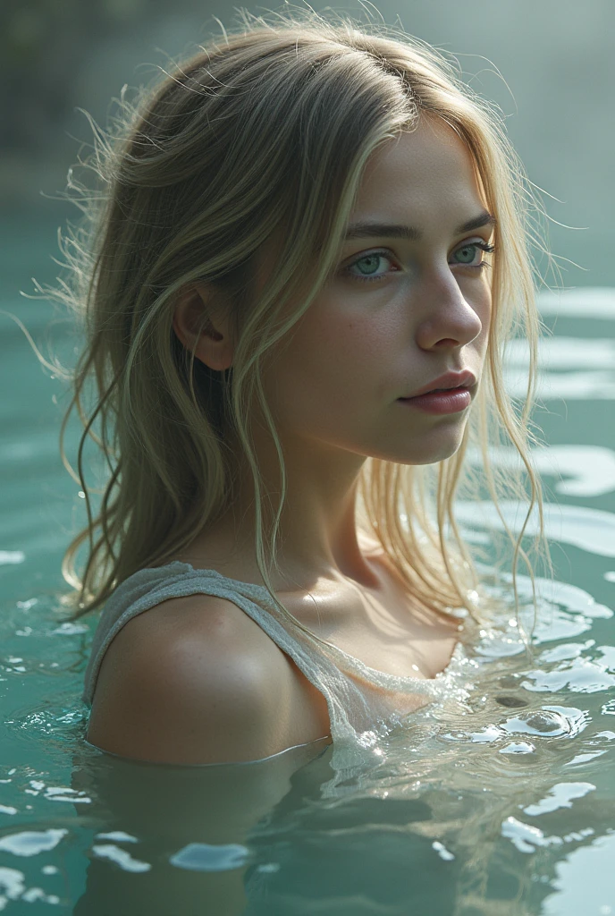 (((Anne Heche guckt traurig))), (sie steht an einem See in den Bergen), ((she has round breasts)), (she wears a white summer dress), (kleiner Kopf), ((detailliertes Gesicht)), (fotorealistisch), (Raytracing), (scharfer Fokus), ((natural realistic skin texture)), detaillierte Lippen, (Sommersprossen)), ((wet hair)), ((wet clothing)), ((es regnet))