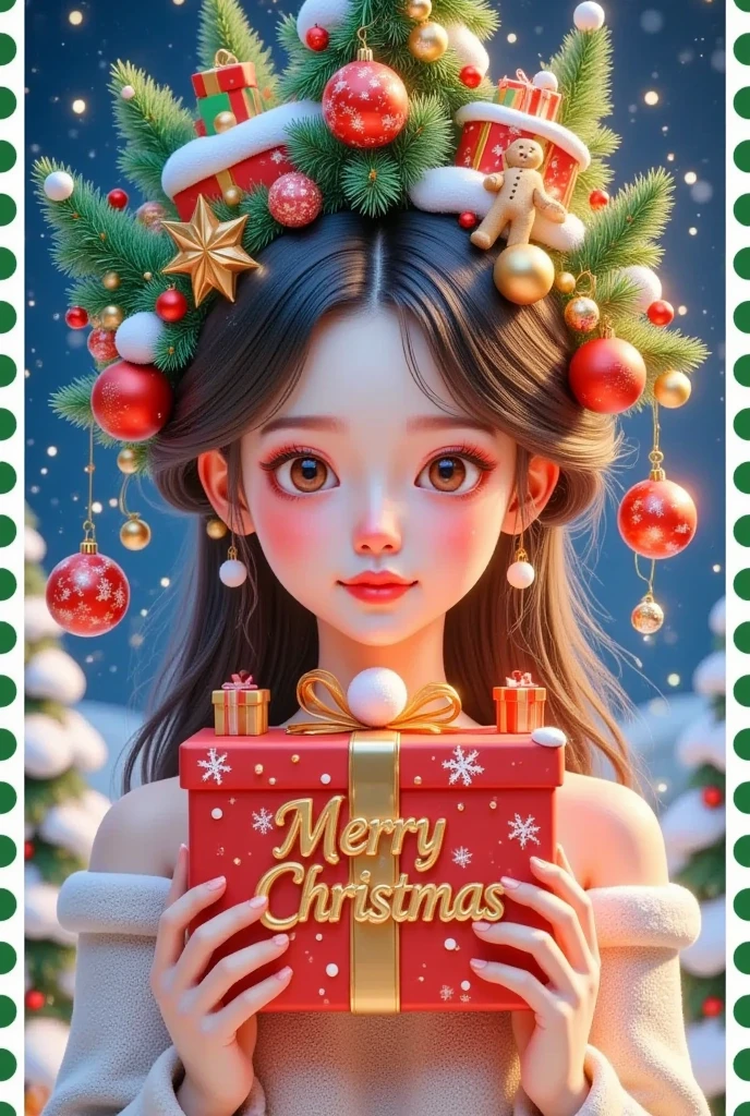  A beautiful girl is holding a beautiful gift in front of a Christmas letter ，The box says Christmas 。 Hair is decorated with gifts +Christmas tree+Hut+Gingerbread Man。  beautiful face， skin details ，Official illustrations