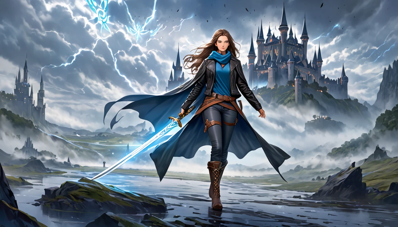 A highly detailed depiction of a female swordsman from a fantasy game world, but wearing casual clothing. She has a slender yet strong build, dressed in modern yet slightly adventurous attire, such as a fitted leather jacket, boots, and simple but stylish pants. Her flowing cape is replaced with a lightweight scarf, and her long hair moves with the wind. She wields a beautifully crafted sword with glowing runes on its blade. The background showcases a misty battlefield with towering castles and an ominous sky, emphasizing her role as a heroic and powerful figure in this immersive fantasy setting. The overall style is a blend of fantasy and casual realism.