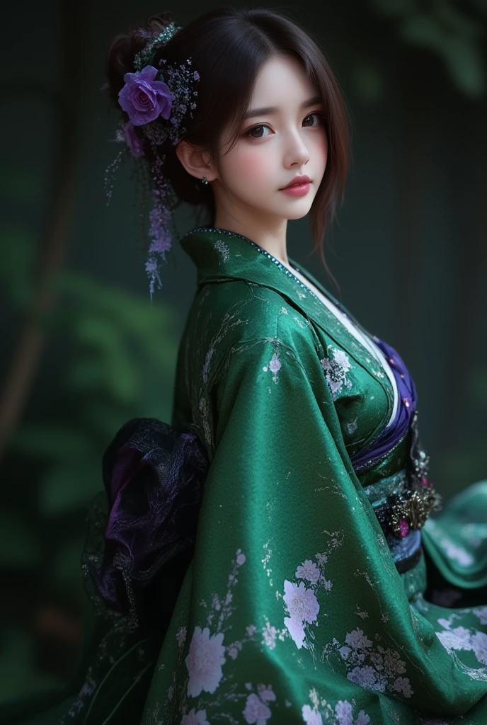 An asian woman, stunning kimono, emerald green, black and white floral patterns, purple accents, elegant pose, hair with purple flower, soft breeze effect, dark background, soft lighting, serene atmosphere, magical, fantasy