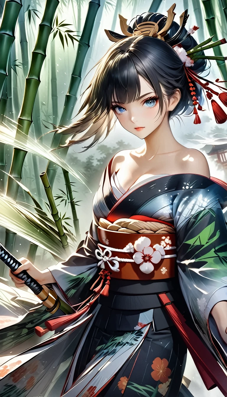 [Core Concepts]  The subjects were、 Cut a bamboo stalk placed in the center from the front with a Japanese sword。., 
[ character description ]   Woman in an off-shoulder kimono Samurai  ,  holding a long Japanese sword , Sharp cutting edge, charm,  enchantment, 
[environment/background]   bamboo forest shrouded in deep fog  , Strong light shines in,   fog diffuses light  , 
[The style and mood]  Transparent watercolor style CG  ,   incorporates elements of Japanese painting  ,   instantaneous performance  , 
[  Composition  ]   A bamboo stem grows in the center  .,   The subject is a Japanese sword at an angle Cut  ,   The moment the top of the cut bamboo falls diagonally  ,   gliding along a cut  ,   bamboo sliding in parallel  , 
[Details and decoration]　  Clear eyes that stare at the viewer  , Strong and fragile,   The metal parts shine sharply  .,  polish steel  , 
[Technical Specifications]   expressing instantaneous speed  ,   dynamic kenjutsu  , Filmmaking, dramatic lighting effects, 