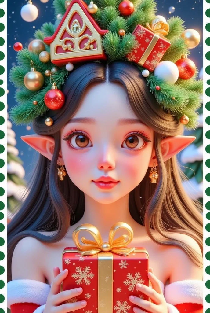 stamps：A beautiful girl is holding a beautiful gift before a Christmas letter ，The box says Christmas 。 Hair is decorated with gifts +Christmas tree+Hut+Gingerbread Man。  beautiful face， skin details ，Official illustrations