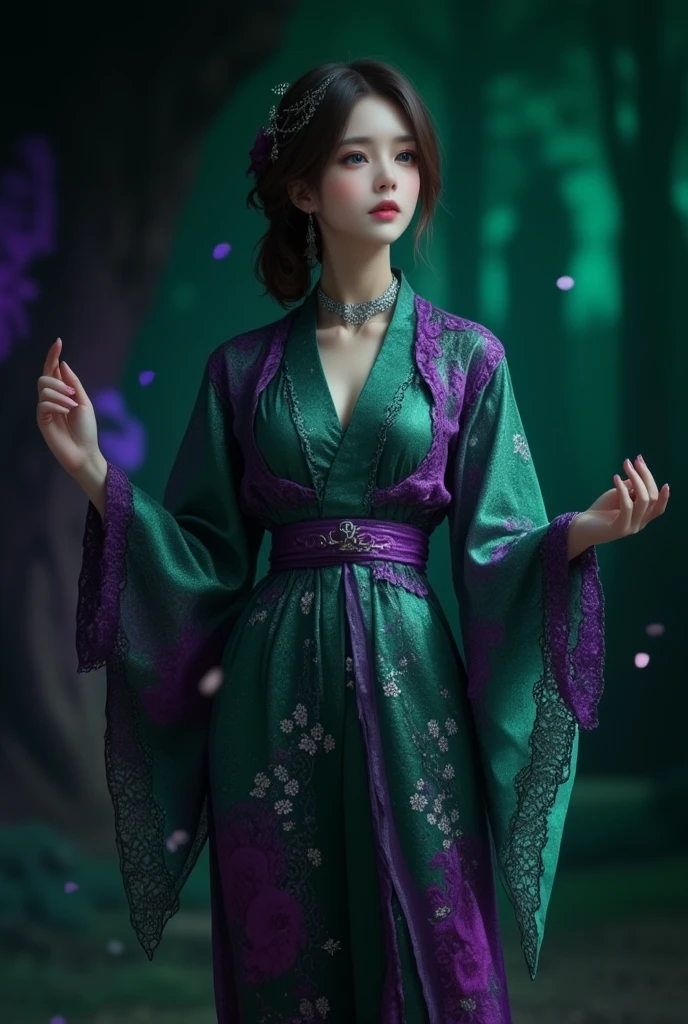 A fantastical scene of a woman wearing a luxurious kimono inspired by a blend of deep emerald green and purple, adorned with intricate floral and lace patterns. She stands gracefully with a pose that suggests movement, her sleeves flowing as if caught in a gentle breeze. Her expression is serene and mystical, with her hair elegantly styled and adorned with delicate ornaments. The background is a deep, mysterious darkness, creating a dramatic contrast that highlights her ethereal presence. Soft, dim lighting enhances the textures of her attire, adding a magical, otherworldly glow.