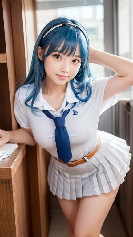 (((Sexy costumes that accentuate your sexy body:1.85)))、(((Sexy knee-highs:1.85)))、((((Sexy costume that emphasizes the crotch:1.85)))、((((Spread your legs wide、Touching the thigh、Showing off your crotch、Thin pubic hair sticking out、large pointy breasts))))、、(masterpiece:1.2, Highest quality), (Realistic, photoRealistic:1.4), Beautiful illustrations, 
Looking at the audience, Cowboy Shot, Front view:0.8, 
1 girl, Japanese, high school girl, Blue Hair, (short hair:1.4), Bobcut, bangs, Hair between the eyes, blue eyes, Big Breasts:1.0, 
Beautiful Hair, Beautiful Face, Beautiful and beautiful eyes, Beautiful clavicle, Beautiful body, Beautiful breasts, Beautiful thighs, Beautiful legs, Beautiful fingers, 
(Beautiful views), dawn, classroom, mechanical, Chair, curtain, 
((Collared shirt, White shirt, school uniform, Lightly blowing cardigan, Blue plaid pleated skirt, Blue checked bow tie)), White panties, 
Are standing, walk, 
smile, Open your mouth, Hands on hips,