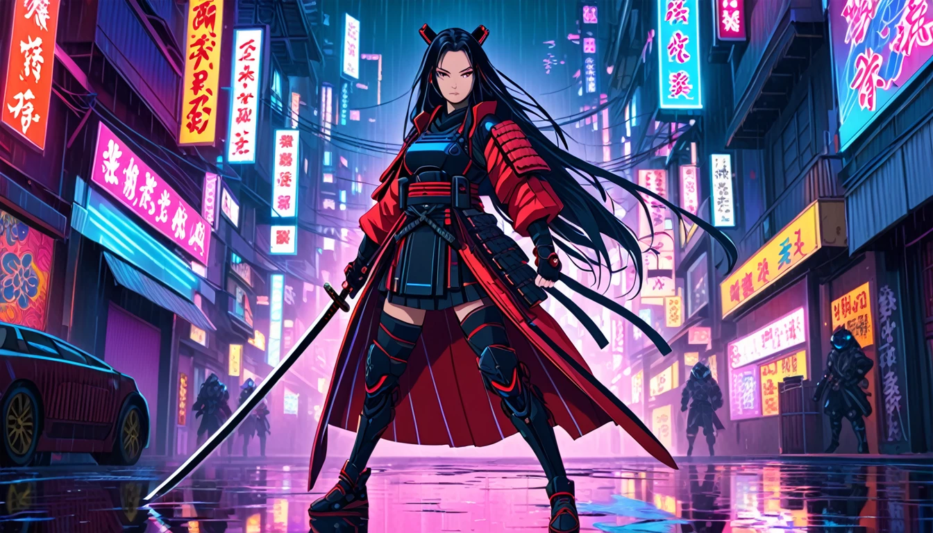 A beautiful female ronin in a neon-lit urban street at night, holding a katana in a dramatic combat stance. She has long flowing hair, wearing a modernized samurai outfit with intricate armor details, blending traditional Japanese style with cyberpunk aesthetics. Neon signs in Japanese surround her, casting colorful reflections on her armor. The environment is misty, with a gritty, futuristic vibe, emphasizing the sharpness of her weapon and her determined expression.