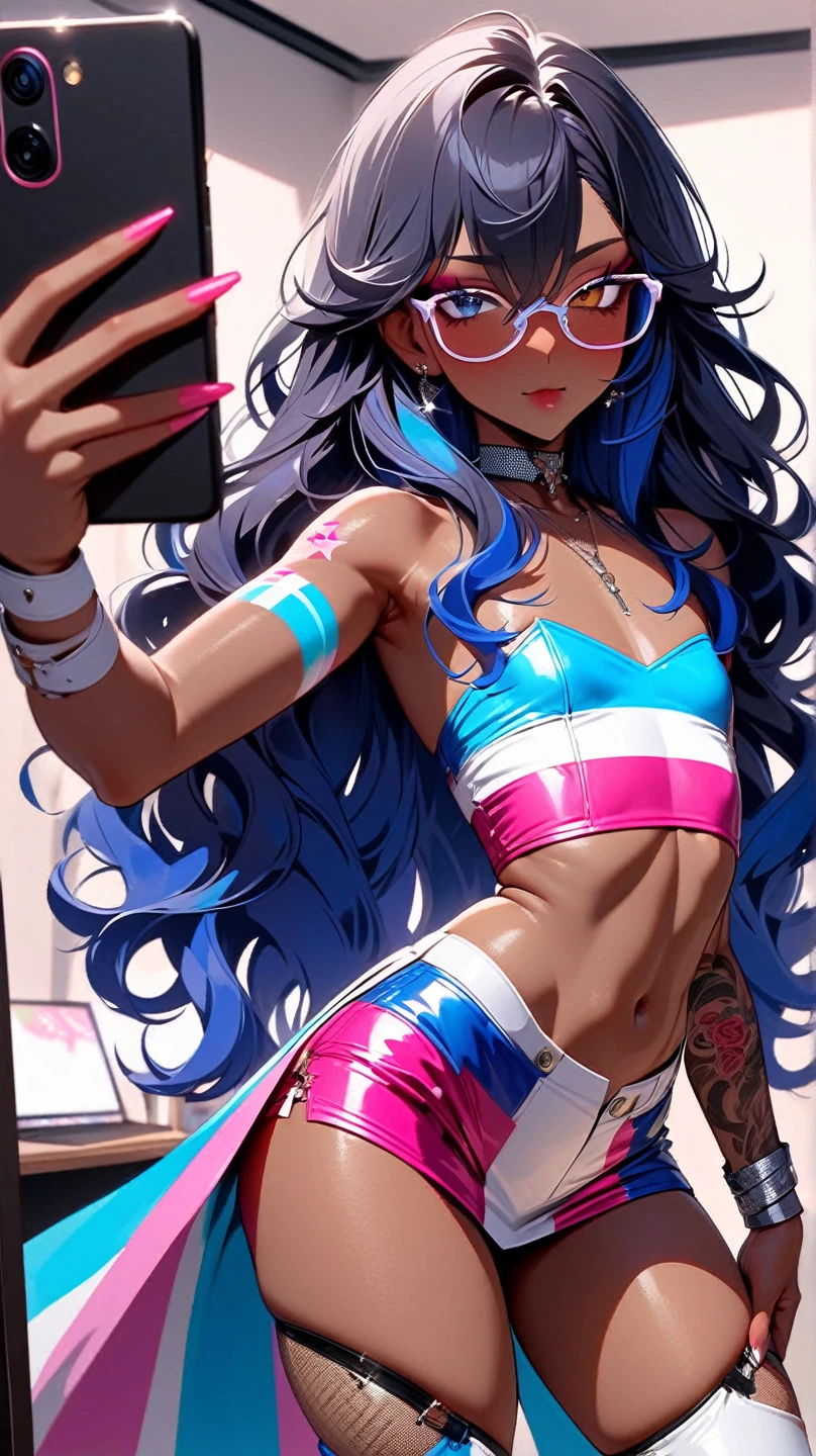 Illustrator, anime , Realistic ,sketch , 1 person, model, lip, Skimpy bikini, order, Blue gradient background, Neon colored ponytail hair, Big Breasts, Are standing, wearing sunglasses, Sexy pose, Texture Trim, Russian, (masterpiece,Highest quality)