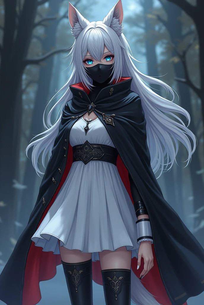 Jinx，gufeng,full body,1 Girl,Long hair, unique,Blindfold,Jewelry,earrings,Vague background, upper body,White hair,Vague, cover eyes ,snowing,Shut up,Lips,snow,  face the audience ,black Blindfold,ribbon,Japanese Clothing,