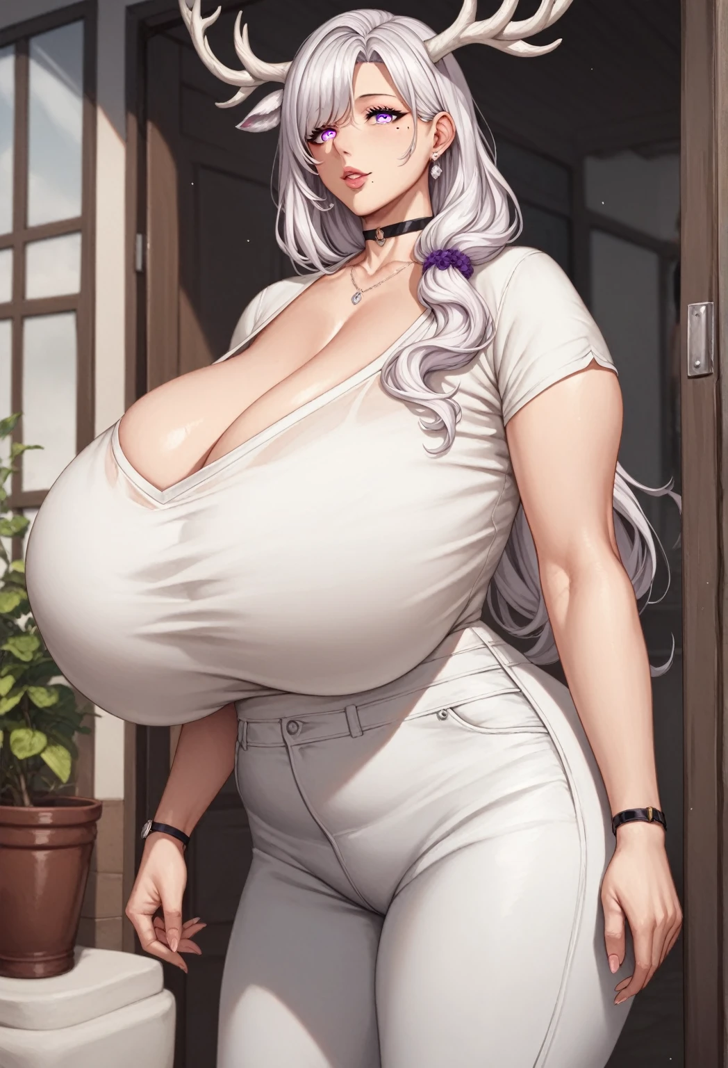 (Purple deer horns) mixed_artwork style, (detailed eyes), (Mature woman), beautiful woman, huge breasts, white hair, bangs on eye, Side bangs, (white top, white pants), Lavender eyes, mole under eye, huge body, (milf), black choker, (neutral Face), (196cm tall, standing), Black bracelet