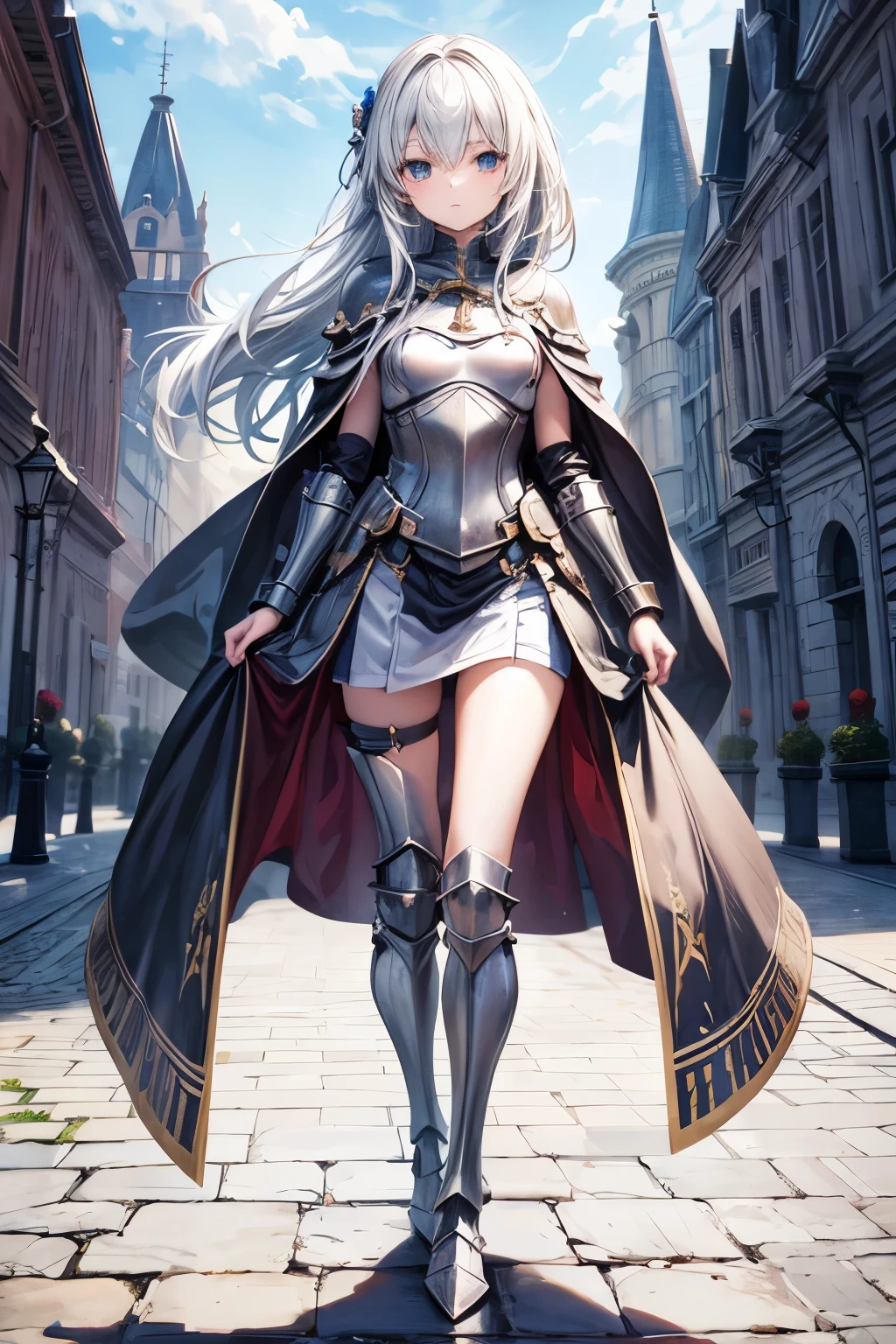 masterpiece, best quality, Very detailed, pretty girl, ager, smaller breasts, thin waist,Female Knight,full body armor,Cape, perfect eyes, so cute,slender,Castle gate