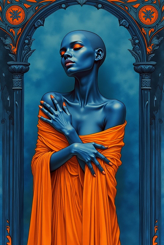 blue skin woman, Grieving ,floating, orange palette chains on her wrists, pulling down.