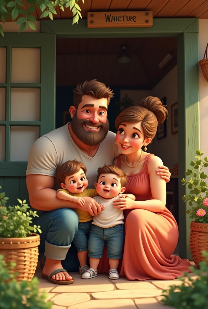 family of 3 people, an adult couple and an 8-month-old baby. The father is in the center, he is the tallest, big and strong, shaved bald hair and has a medium black Viking-style beard, with light brown eyes and a big smile. The father is holding the 8-month-old baby in his left arm. The eight-month-old baby has dark blond hair and big dark blue eyes. The mother has light brown hair and light brown eyes, her hair tied up and a beautiful smile, she is very beautiful and elegant. Character should be colorful and have a fun, friendly look, with exaggerated, expressive features. Pixar style. use the photo as a perfect copy of the family.