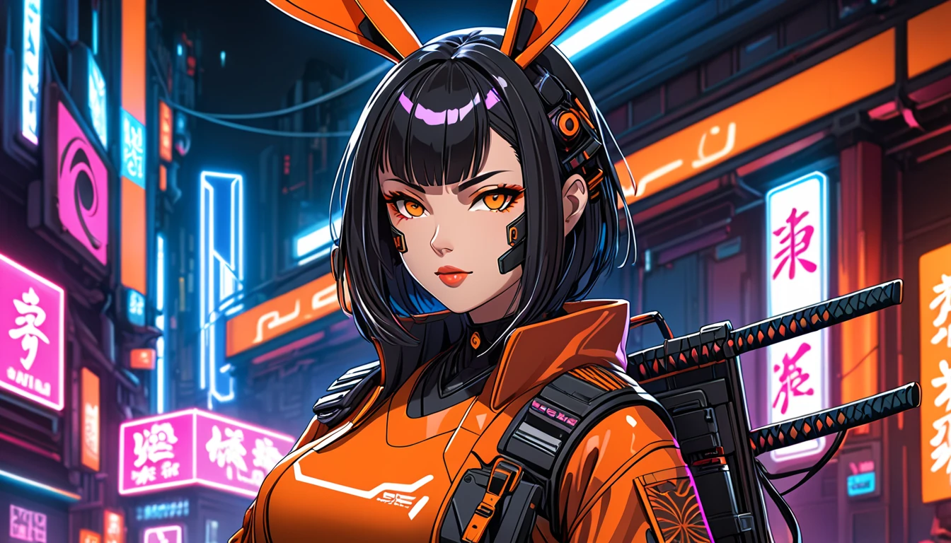 A figurine-style representation of a beautiful female ronin with a cyberpunk aesthetic. The focus is on her upper body, with special attention to her face, enhancing its quality and details. Her lively expression is vividly captured, and she wears playful bunny ears. Her orange-themed outfit blends traditional samurai elements with futuristic cyberpunk designs, and she holds a katana in a dynamic pose. The background features vibrant neon lights and signs, emphasizing the cyberpunk atmosphere. The figurine has a polished, glossy finish, with exceptional detail in her facial features and craftsmanship.