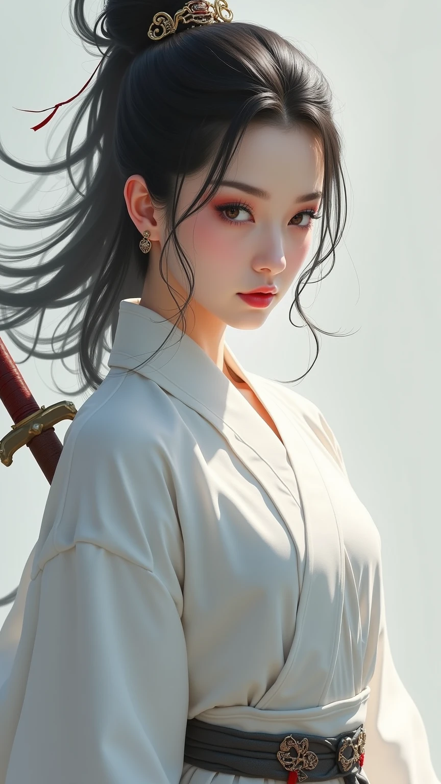 Highest quality, Realistic, Very detailed, finely, High resolution, 8k、Beautiful Japanese Ninja、with double teeth、A face with dimples、Delicate eyes、Facing forward、looking at the camera、White translucent torn clothes、Holding a sword