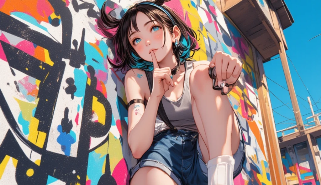 masterpiece,  best quality,  1 girl, Alone,  crop top,  denim shorts,  choker, (Graffiti:1.5),  paint splashes ,  turn your arms around your back , Against the wall,  putting their fingers in their lips,  armband,  thigh strap , Paint on the body,  head tilt , boredom,  colorful hair,  light blue eyes,  headset 