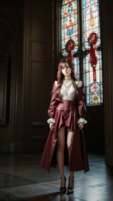 Half body portrait of Asian young woman, features a striking character with dark, ethereal elements. The figure is a female character dressed in a gothic-inspired red outfit adorned with intricate jewelry and chains. She has large, red angelic wings, giving a contrast between light and dark symbolism. Her long brown-red hair frames her face, and she stands in a dramatic, almost cathedral-like setting with tall columns in the background. Her attire, with its ruffled skirt and detailed accessories, evokes an elegant yet mysterious aestheticม wear high heels. The overall mood of the image suggests a blend of dark fantasy and celestial themes, possibly portraying a red angel or a supernatural being with a regal and otherworldly presence, masterpiece, detailed beautiful eyes and face, highly detailed.