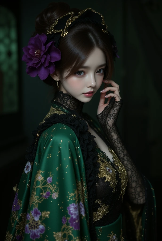 A fantastical scene of a woman dressed in a luxurious kimono with emerald green as the base, adorned with intricate floral patterns in black, white, and purple accents. The sleeves are made of delicate lace, adding a gothic touch to the overall design, and are further embellished with intricate golden embroidery that shimmers faintly in the dim light. Her hair is elegantly styled and decorated with a large purple flower, enhancing her refined look. She stands gracefully in profile, with her lace sleeves subtly rippling as if touched by a soft breeze. The entire kimono features exquisite gold embroidery, weaving through the patterns like threads of light. The background is a deep, mysterious darkness, emphasizing the gothic elegance and richness of her attire. Dim, moody lighting highlights the textures of the lace, gold embroidery, and fabric, creating a dramatic and enchanting atmosphere.